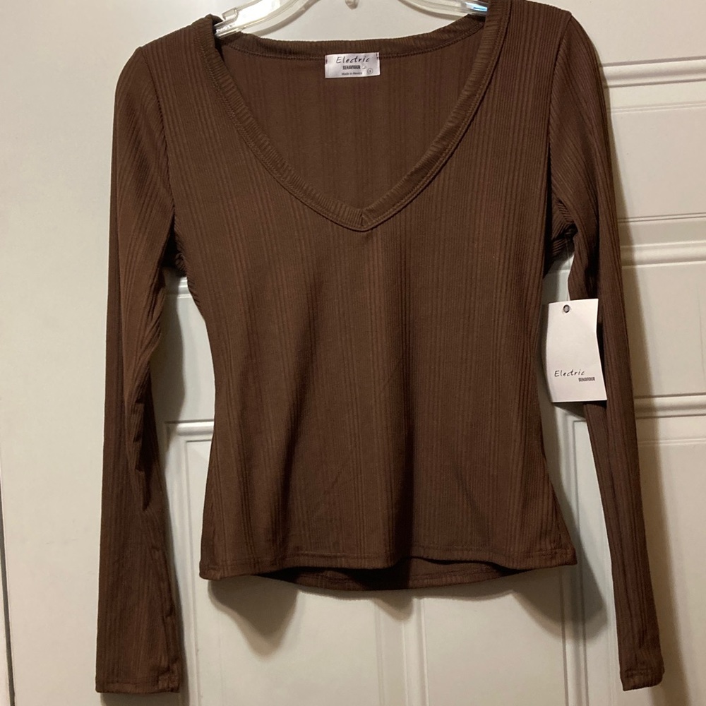 Brown‎ V-Neck Ribbed Women's Top S NWT